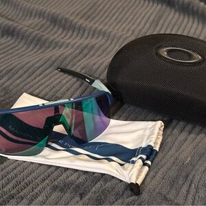 Oakley Shield Sunglasses — Blue Frame with Green-Purple Mirrored Lens